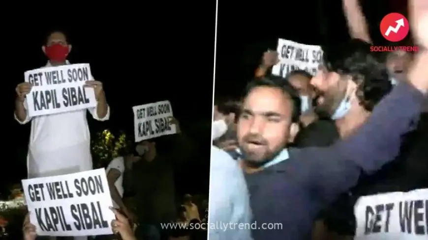 Delhi Congress Workers Protest Against Kapil Sibal Outside His Residence, Show 'Get Well Soon' Placard (Watch Video)