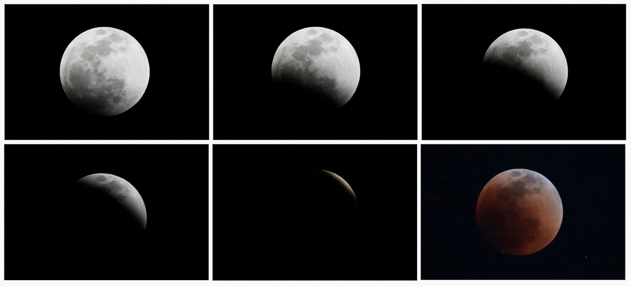 A combination photo shows the moon during a total lunar eclipse as seen from Mexico City, Mexico, on Sunday. (Images: Reuters)