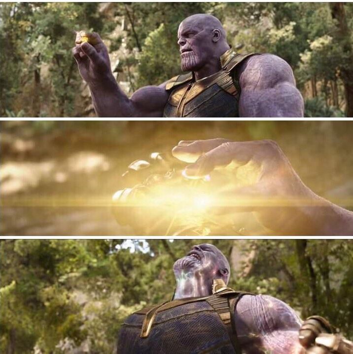thanos inserting mind stone into the Infinity Gauntlet and feels the power three-panel meme template